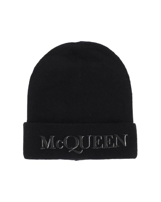 Alexander McQueen Black Cashmere Beanie With Logo Embroidery for men