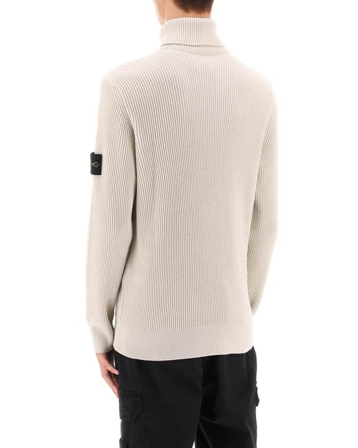 Stone Island White Ribbed Wool Turtleneck Sweater for men