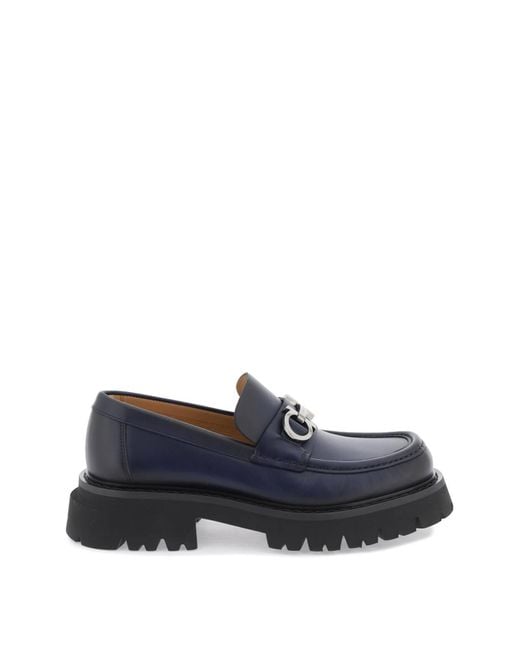 Ferragamo Blue Gancini Loafers With Chunky Sole for men