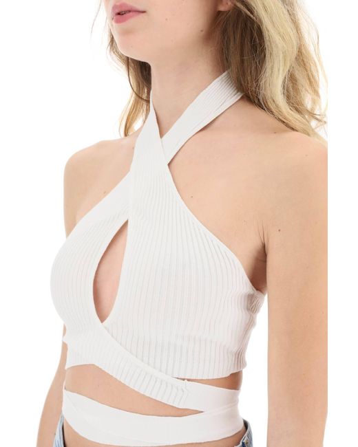 MSGM White Ribbed Knit Top With Crossover Neckline
