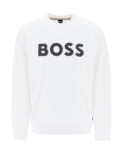 Felpa Girocollo Stampa Logo di Boss in White da Uomo