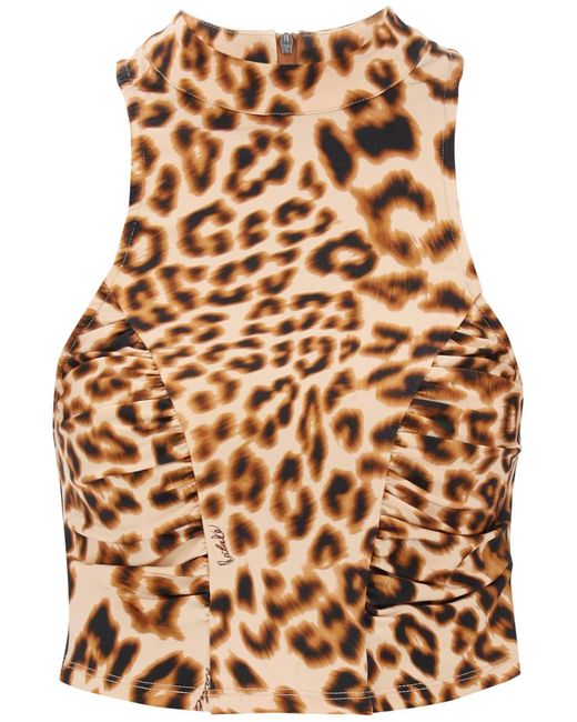 ROTATE BIRGER CHRISTENSEN Brown Leopard Print Jersey Crop Top