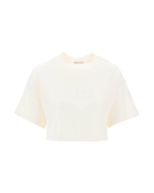 Moncler White Cropped T Shirt With Sequin Logo