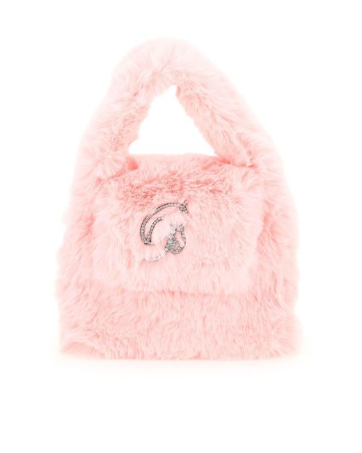 Blumarine Pink B Strass Brooch Faux Fur Bag Os Faux Fur