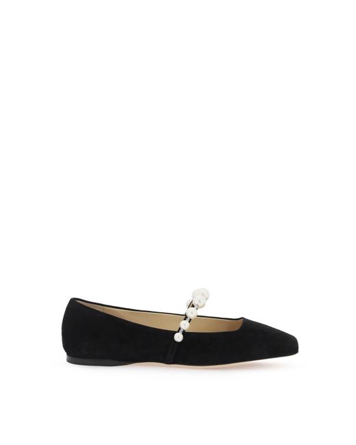 Jimmy Choo Black Suede Leather Ballerina Flats With Pearl