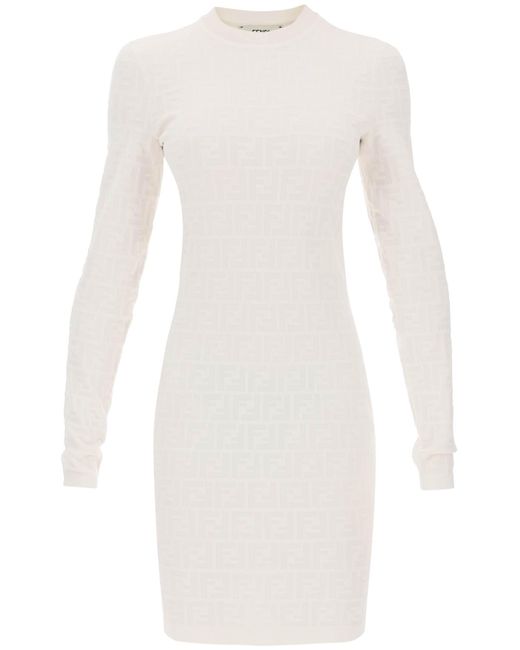 Fendi White Mini Dress In Jacquard Knit With Ff Monogram