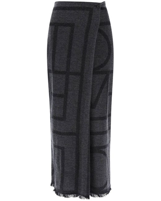 Totême  Black Toteme Monogram Wool Maxi Sarong Skirt