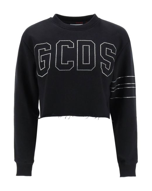 Gcds Black Cropped Sweatshirt With Rhinestone Logo