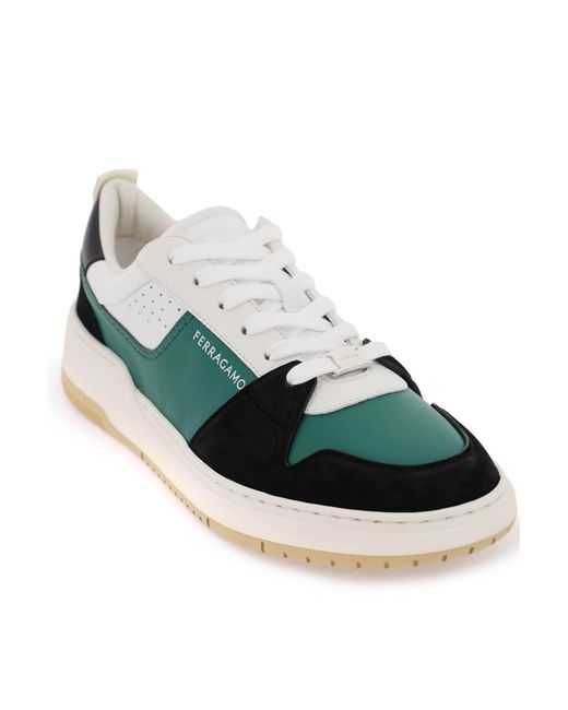 Ferragamo Green Smooth And Suede Leather Sneakers for men