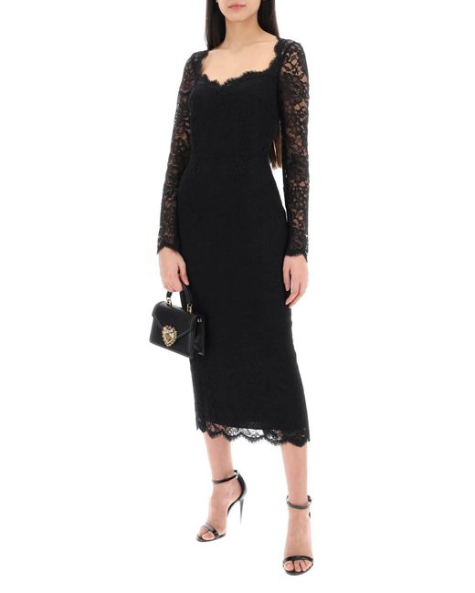 Dolce & Gabbana Black Midi Dress In Floral Chantilly Lace