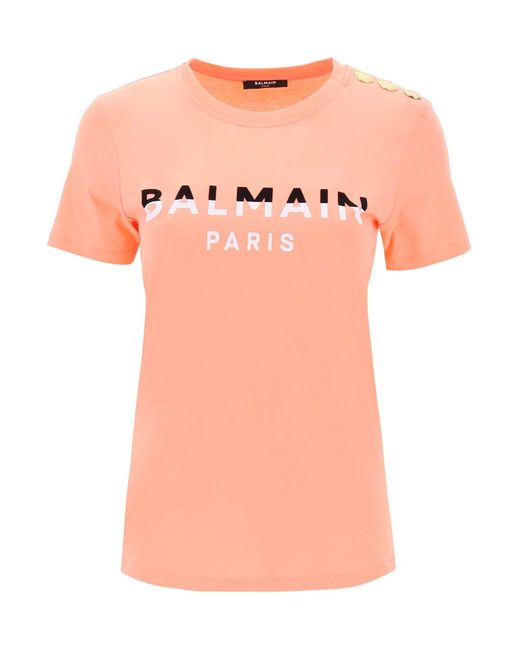 Balmain Pink T-shirt With Flocked Print And Gold-tone Buttons