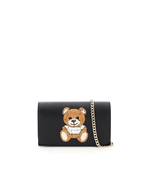 Moschino Black Mini Bag Chain Teddy Bear Embroidery Os Leather