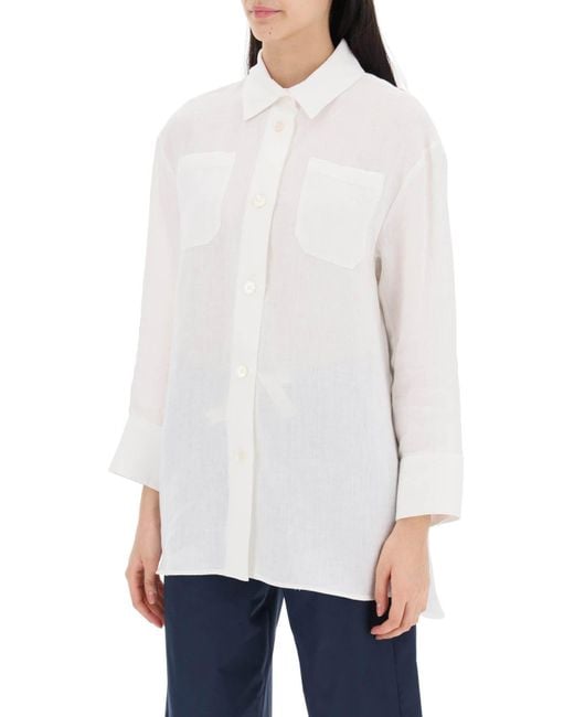 Max Mara White Daria Linen Shirt With Three-Quarter Sleeves