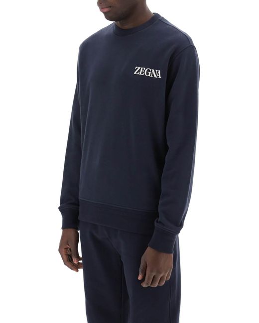 Zegna Blue Crewneck Sweatshirt With Rubberized Logo for men