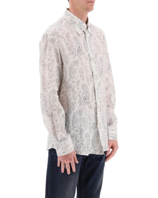 Brunello Cucinelli White Linen Shirt With Paisley Pattern for men
