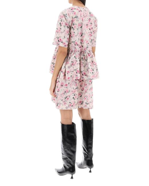 Ganni Pink Organic Cotton Flounce Mini Dress