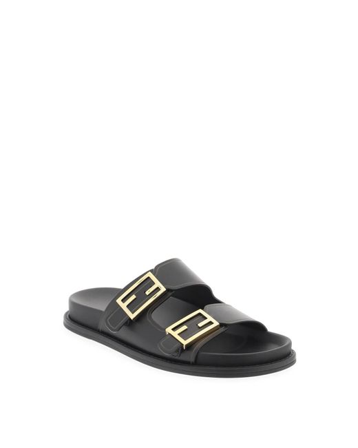 Fendi Black Leather Slides With A Luxurious