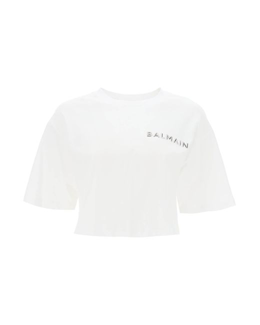 Balmain White Cropped T-shirt With Metallic Logo