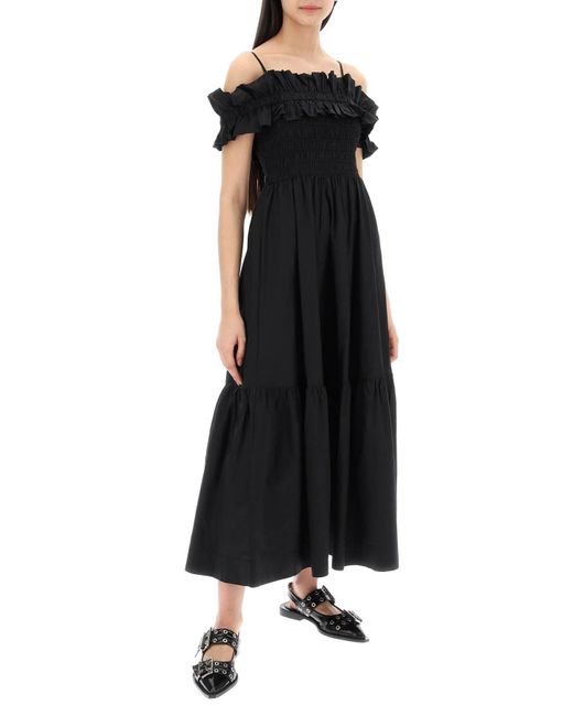 Ganni Black Flared Midi Dress With Off-should