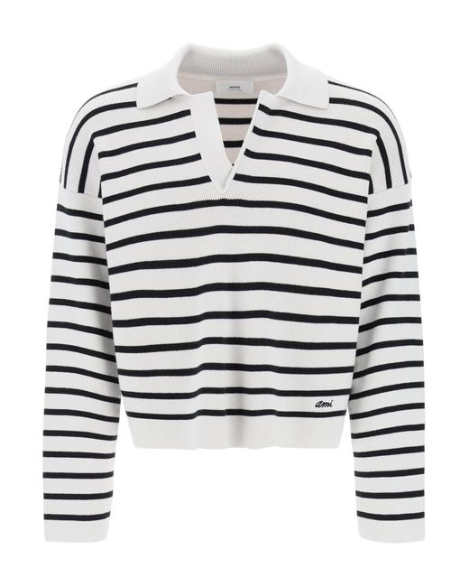 AMI White Striped V-Neck Magic Pullover Sweater
