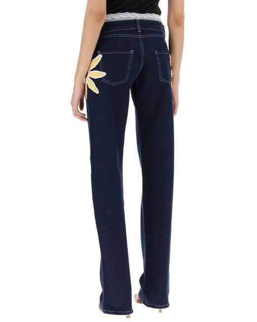 Siedres Blue Low-Rise Jeans With Crochet Flowers
