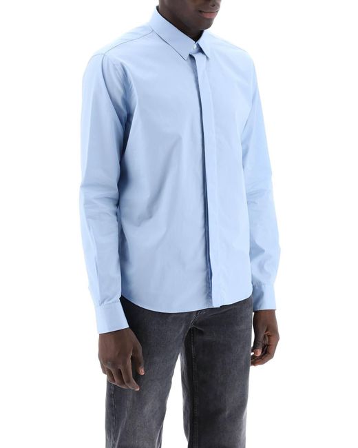 AMI Blue "Cotton Shirt With Embroidered Logo" for men