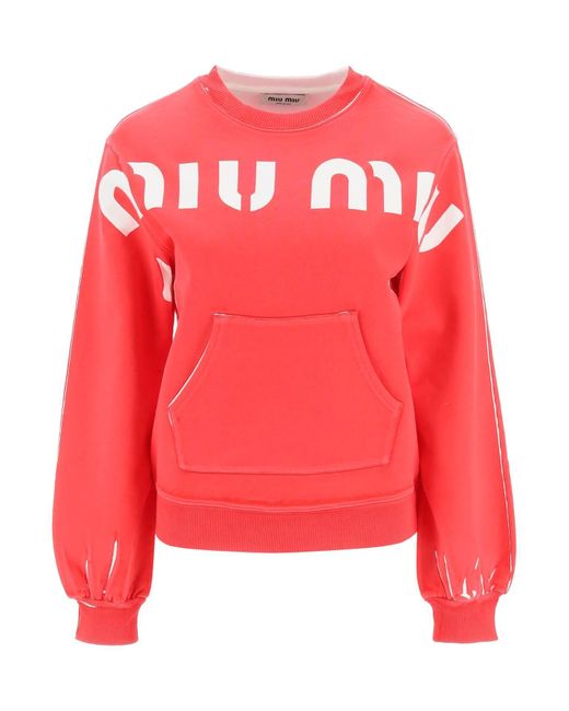 Miu Miu Vintage-effect Logo Sweatshirt in Red | Lyst UK