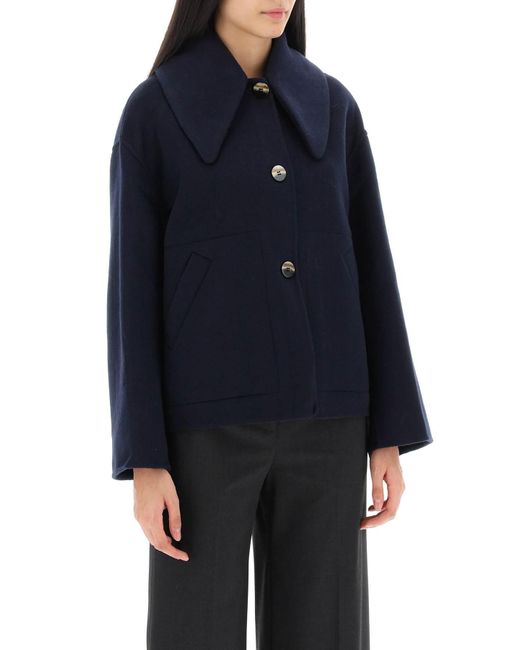 Ganni Blue Wool-blend Wide-collar Coat