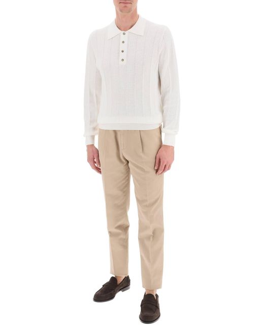 Brunello Cucinelli White Long Sleeved Knitted Polo Shirt for men