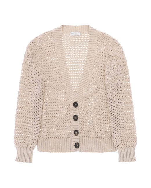 Brunello Cucinelli Natural Knit Cardigan With A Mesh Design