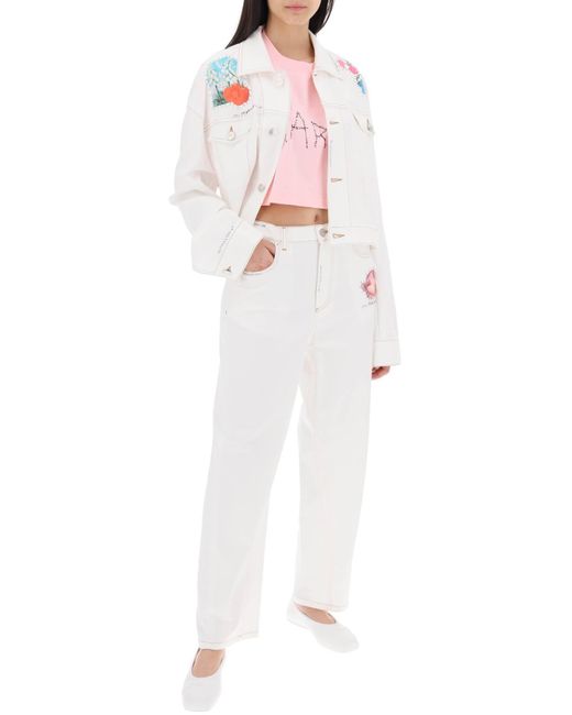 Marni White "Cropped Denim Jacket With Flower Patches And Embroidery"