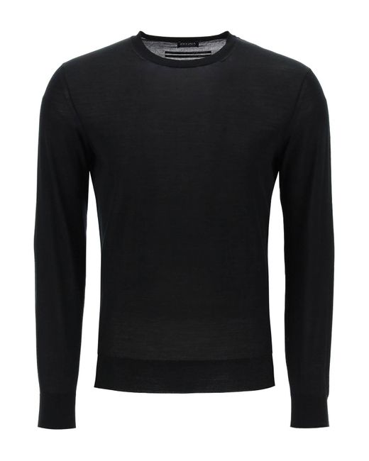 Zegna Black Crew Neck Sweater In Pure Wool for men