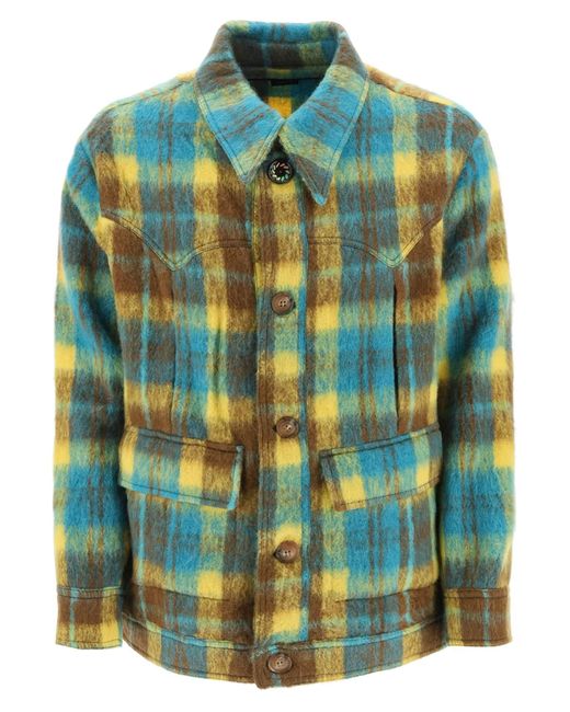 ANDERSSON BELL Blue Brushed-Yarn Overshirt With Check Motif for men
