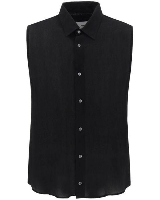 AMI Black Textured Voile Sleeveless Shirt