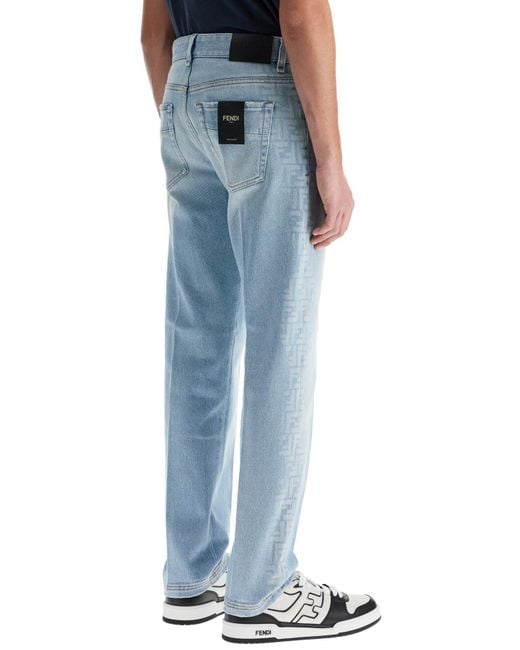 Fendi Blue Faded Ff Pattern Jeans With for men