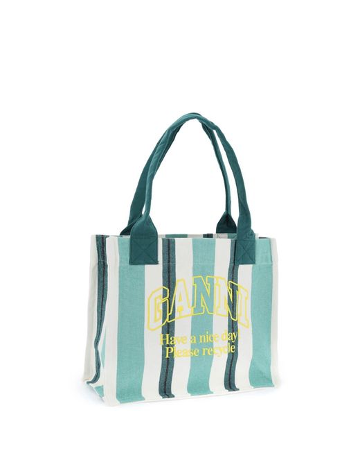 Ganni Blue Recycled Cotton Striped Tote Bag