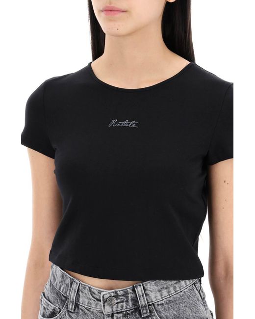 ROTATE BIRGER CHRISTENSEN Black Cropped T-Shirt With Embroidered Lurex Logo