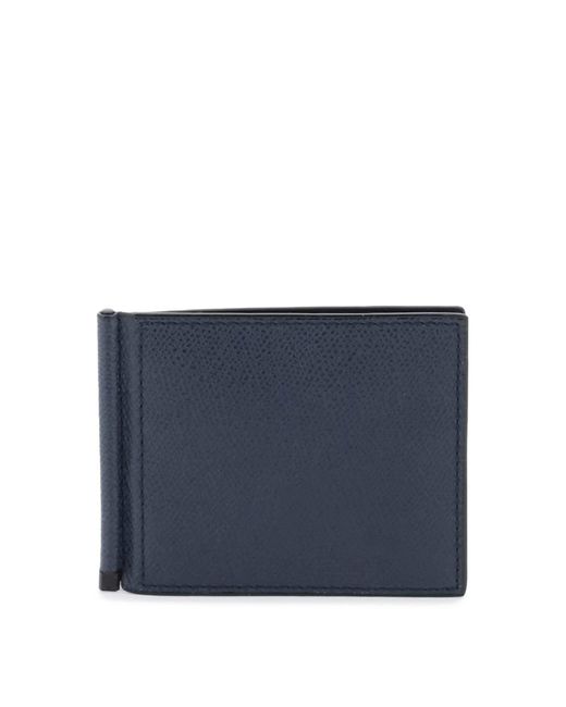 Valextra Blue Leather Bifold Money Clip Wallet for men