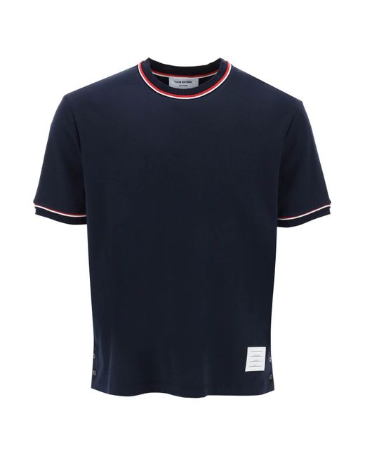 Thom Browne Blue Milano Stitch T Shirt With Rwb Stripe Trims for men