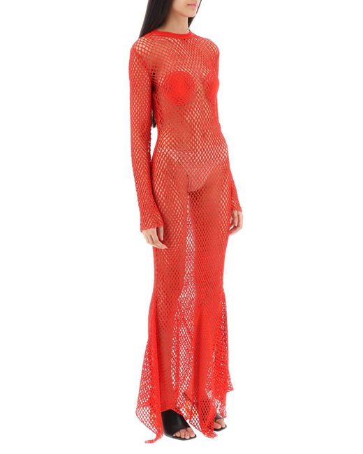 Ferragamo Red Maxi Dress In Fishnet Knit