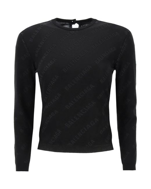 Balenciaga Black Crew-Neck Sweater With Logo All-Over