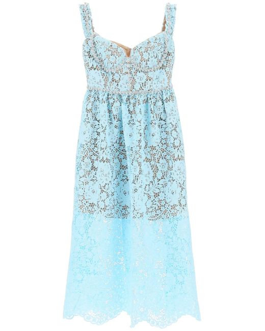 Self-Portrait Blue Self Portrait Midi Dress In Floral Lace With Crystals