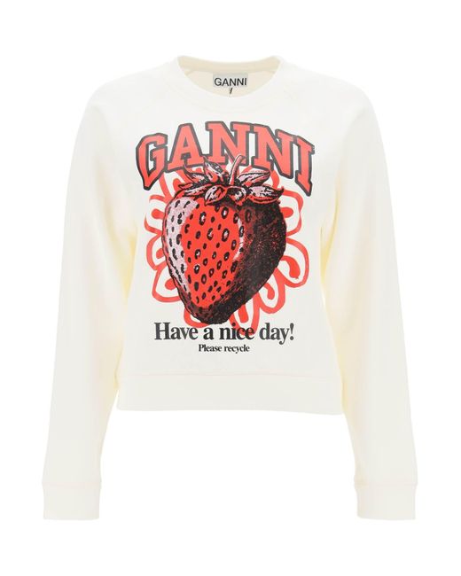 Ganni White Crew Neck Sweatshirt With Graphic Print