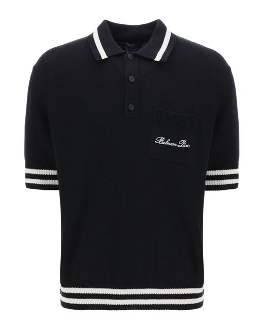 Balmain Black Knitted Polo Shirt for men