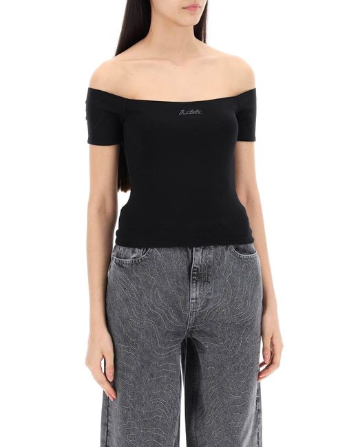 ROTATE BIRGER CHRISTENSEN Black Off-Shoulder T-Shirt With Embroidered Lure