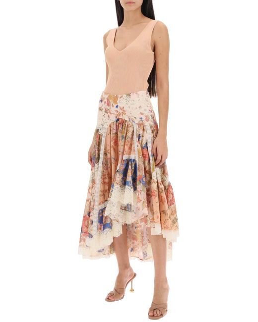 Zimmermann Pink August Asymmetric Skirt With Lace Trims