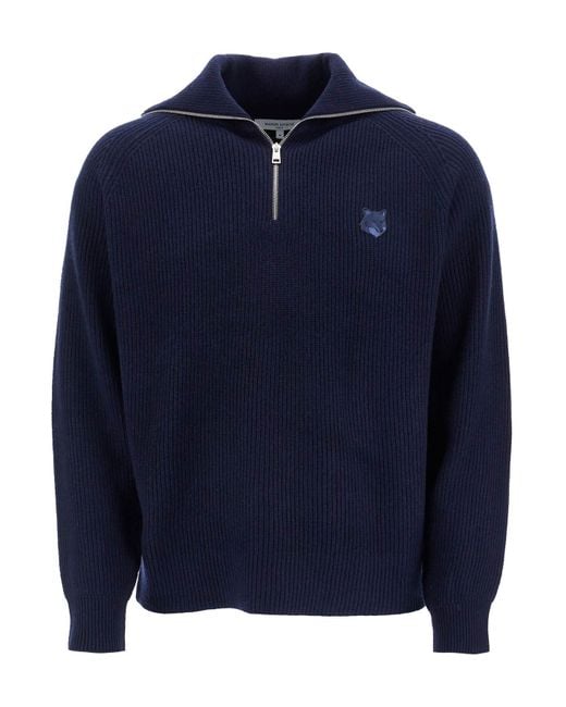 Maison Kitsuné Blue Ink Wool Sweater With Fox Head Patch And Half Zip for men