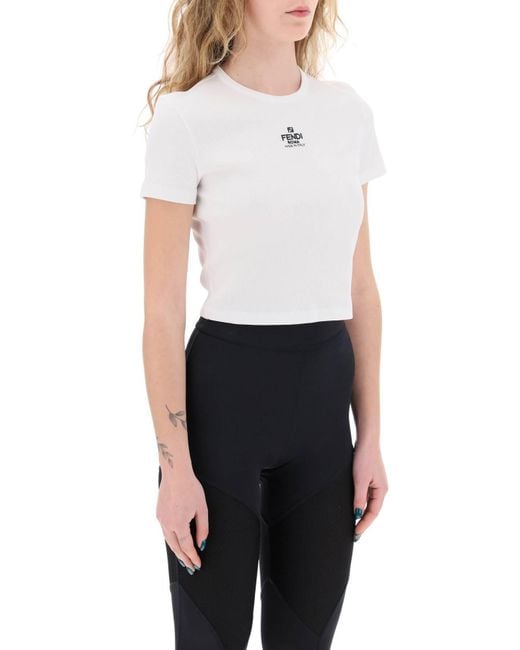 T-Shirt Cropped Con Logo Ricamato di Fendi in White