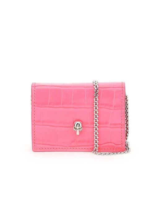 Alexander McQueen Leather Gusseted Card Holder With Chain in Pink | Lyst