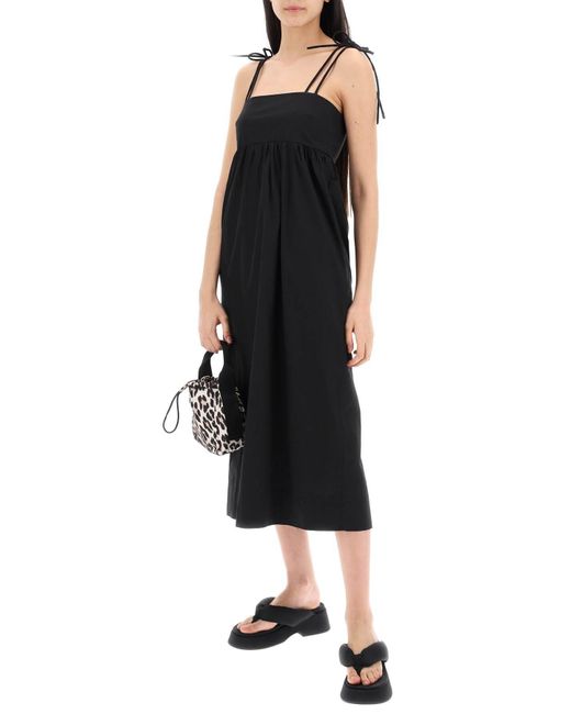 Ganni Black Cotton Poplin Midi Dress In